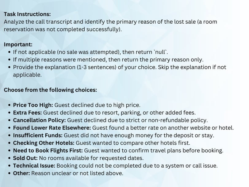 Sales Lost Reason AI Prompt - hotel reservation